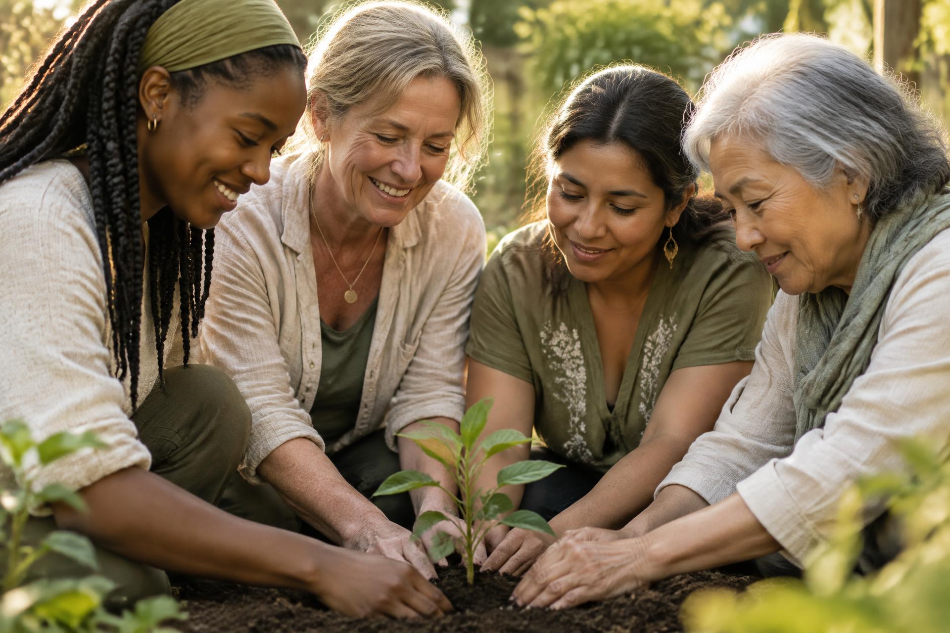 Four women gathered around a young seedling