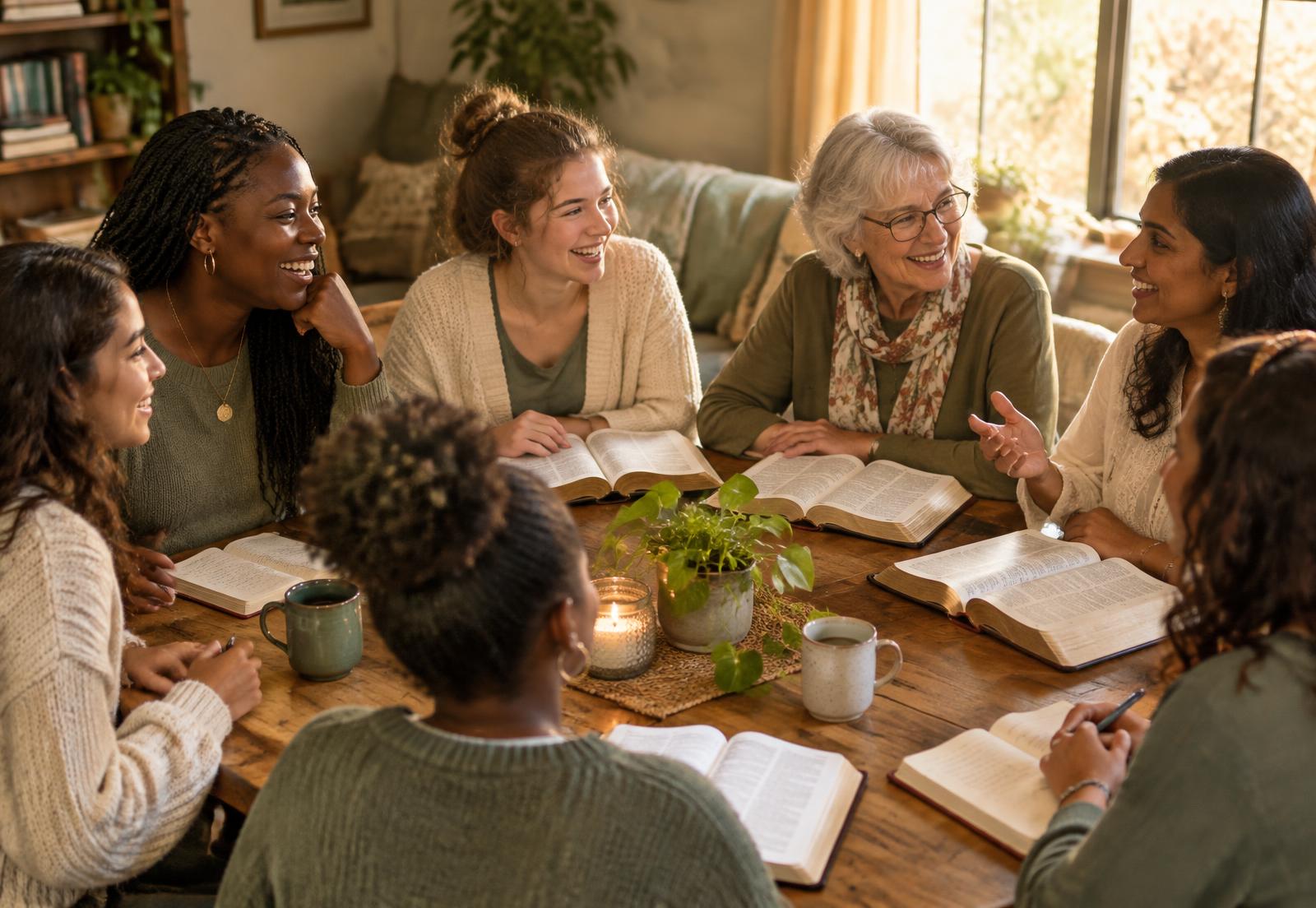 Women gathered around a table for Bible study